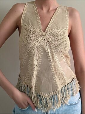 Vintage Boho Cream Crochet Fringe Tank Top